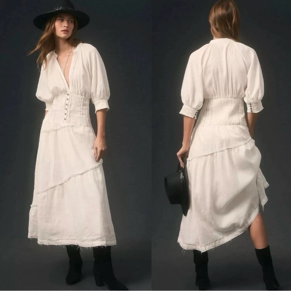 Anthropologie Ivory V-Neck Corset Midi Shirt Dress Size Small